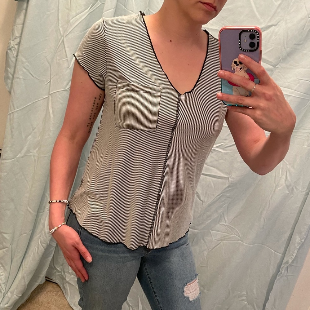 Black white stripe pocket blouse
